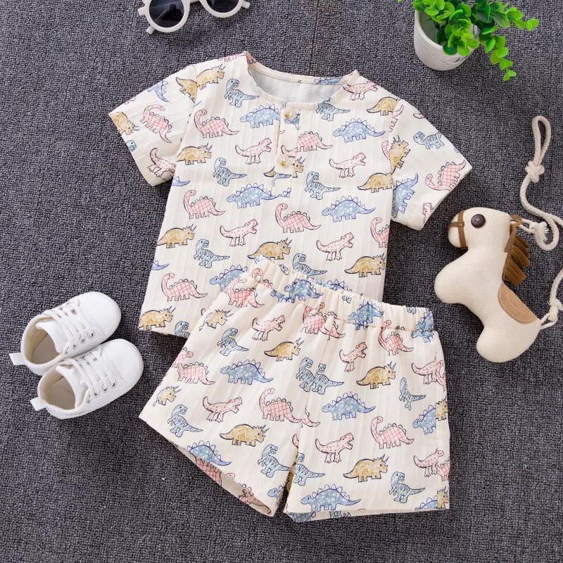 2 Pieces Set Baby Kid Boys Dinosaur Print Tops And Shorts Wholesale 240409288