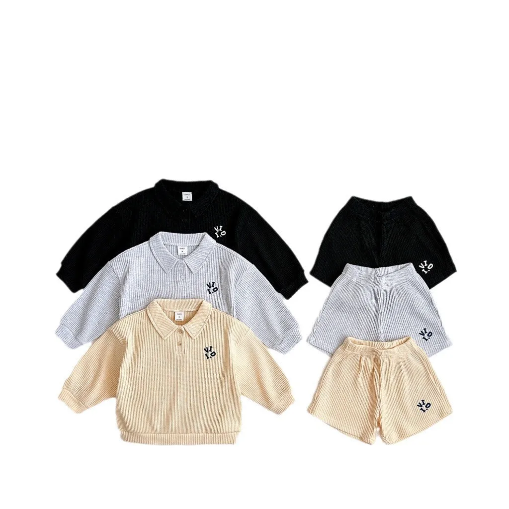 2 Pieces Set Baby Kid Boys Solid Color Embroidered Tops And Shorts Wholesale 240301155