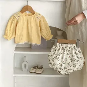 2 Pieces Set Baby Kid Girls Solid Color Print Tops And Flower Shorts Wholesale 240111139