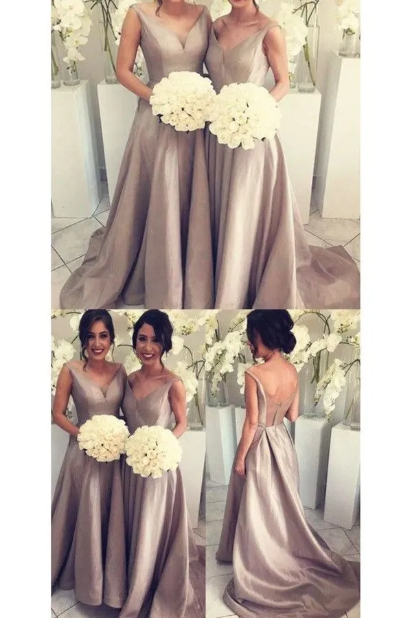 2024 V Neck Bridesmaid Dresses A Line Satin Sweep Train P6DLHSKN