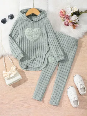 2pcs/Set Girls Heart Embroidery Striped Hoodie Sweatshirt And Slim Pants Casual Outfit, Autumn