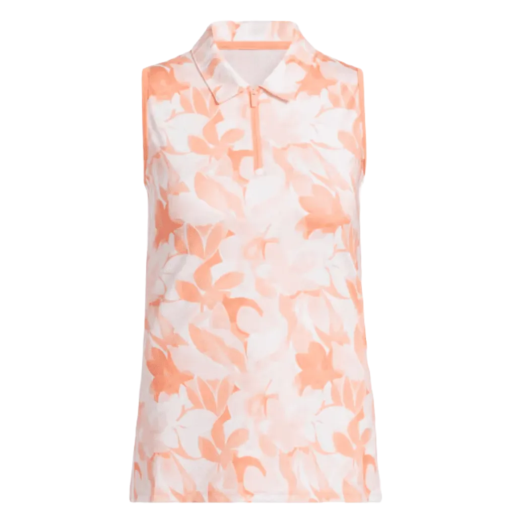 Adidas Ladies Floral Sleeveless Golf Polo Shirt - Orange