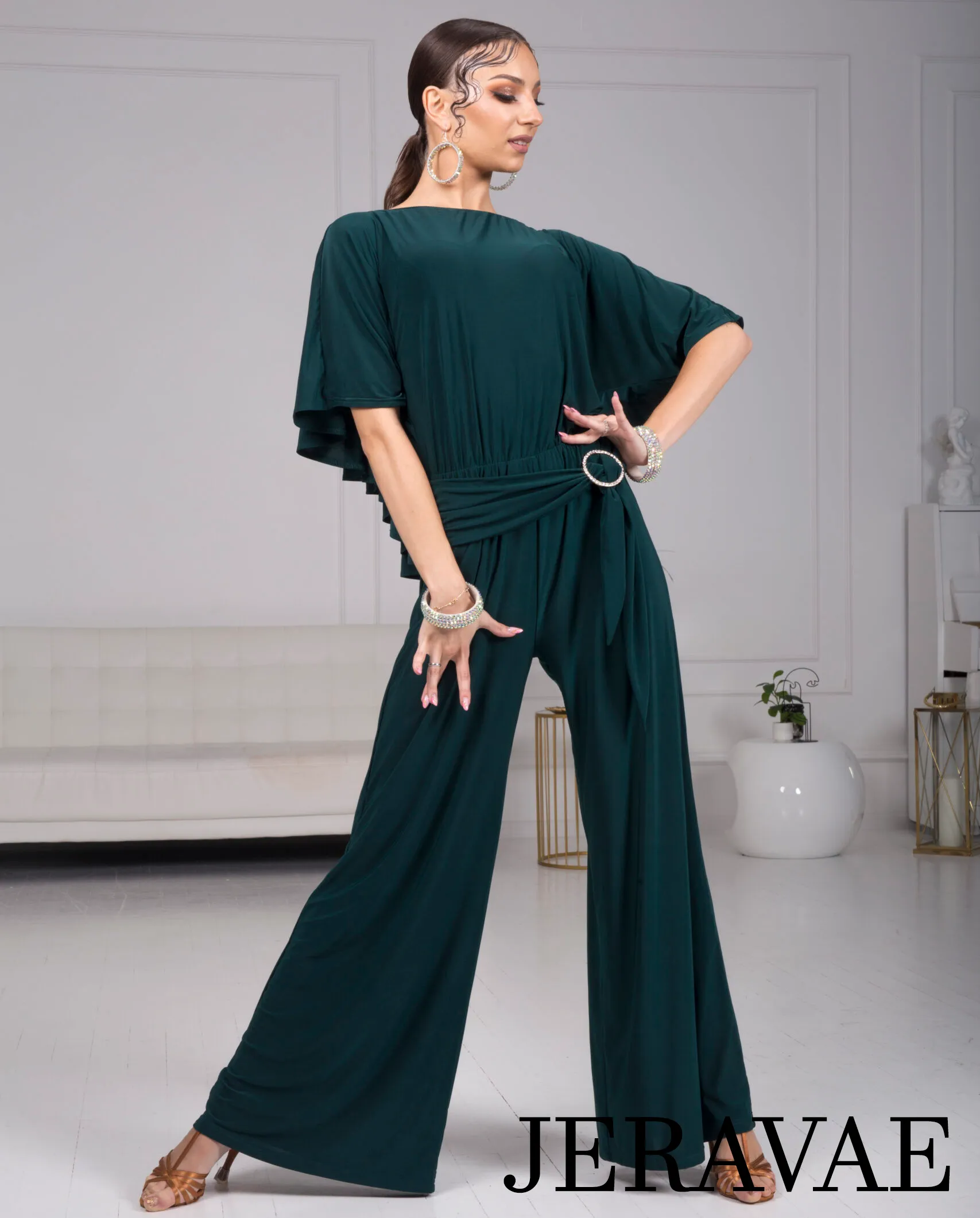 Body Positive Senga Dancewear BOLERO Bottle Green Jumpsuit with Ruffle Cape, Wide Leg Pants, and Tie Detail Sizes XL-4XL PRA 984 in Stock