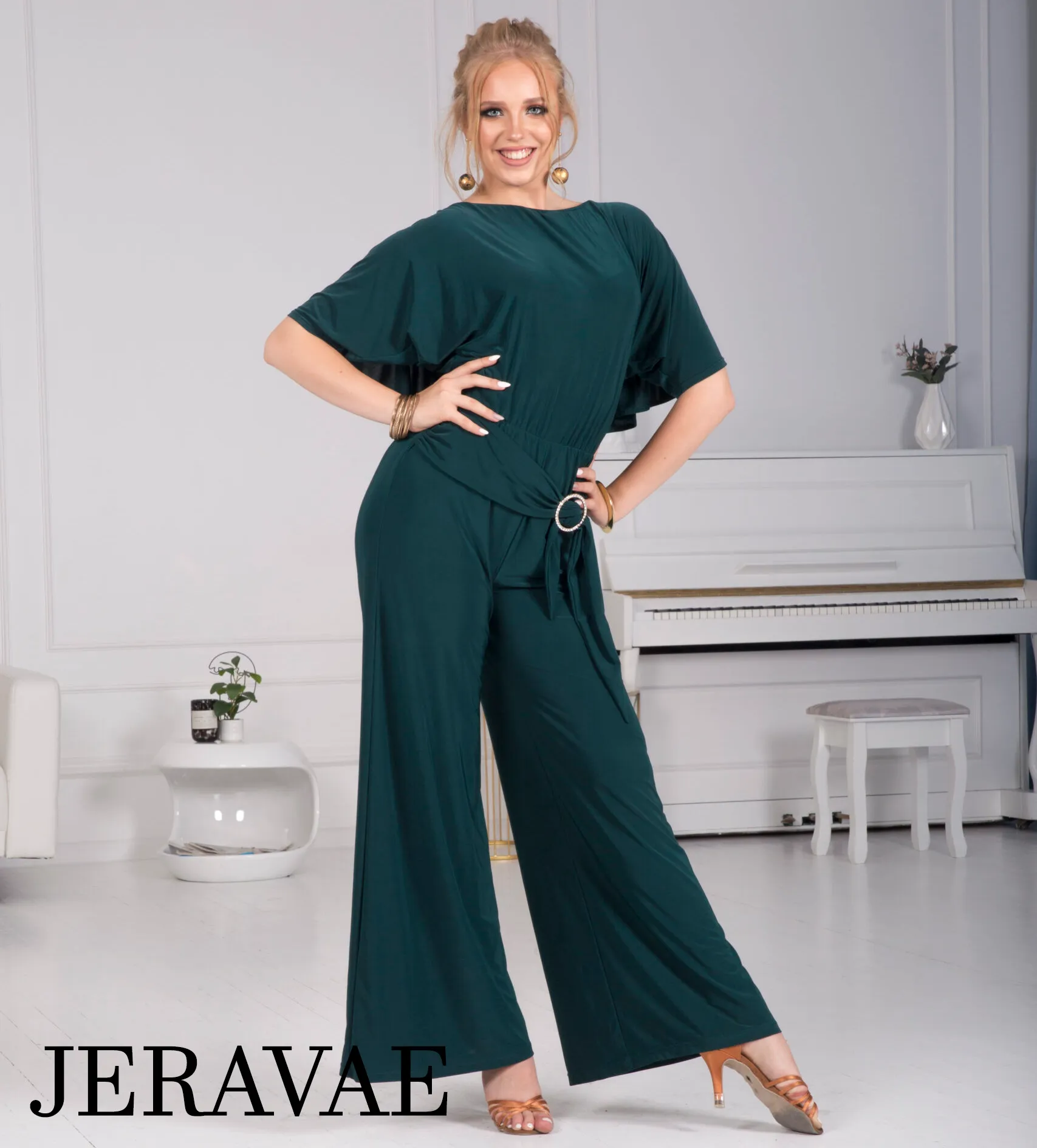 Body Positive Senga Dancewear BOLERO Bottle Green Jumpsuit with Ruffle Cape, Wide Leg Pants, and Tie Detail Sizes XL-4XL PRA 984 in Stock