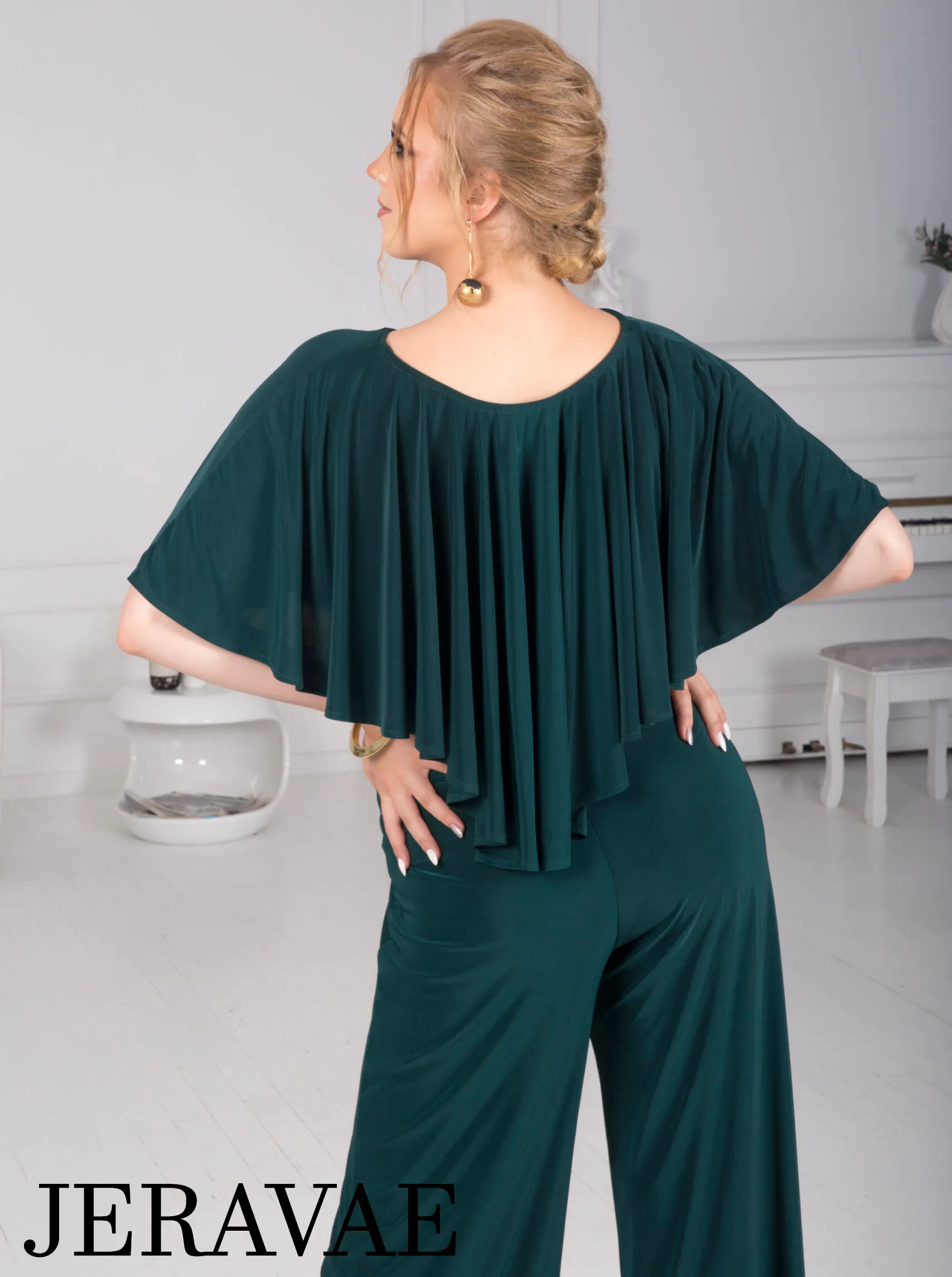 Body Positive Senga Dancewear BOLERO Bottle Green Jumpsuit with Ruffle Cape, Wide Leg Pants, and Tie Detail Sizes XL-4XL PRA 984 in Stock