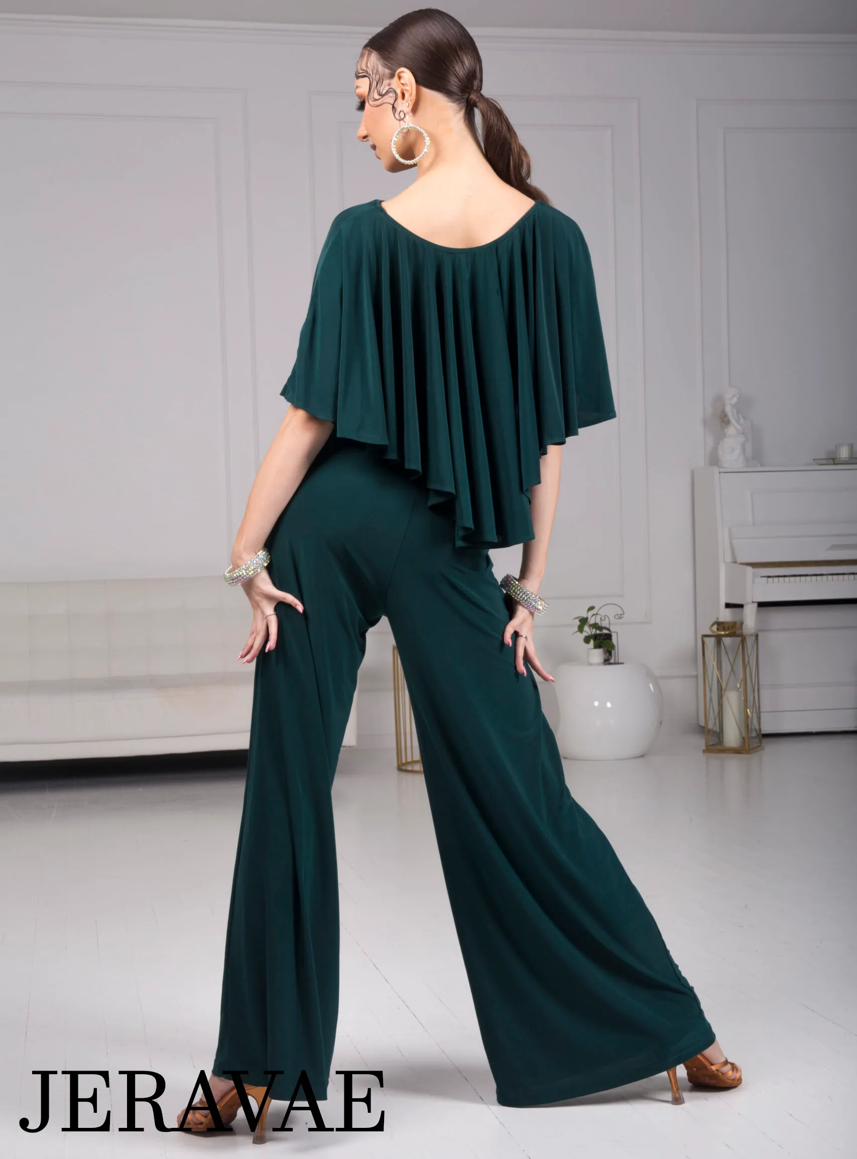 Body Positive Senga Dancewear BOLERO Bottle Green Jumpsuit with Ruffle Cape, Wide Leg Pants, and Tie Detail Sizes XL-4XL PRA 984 in Stock