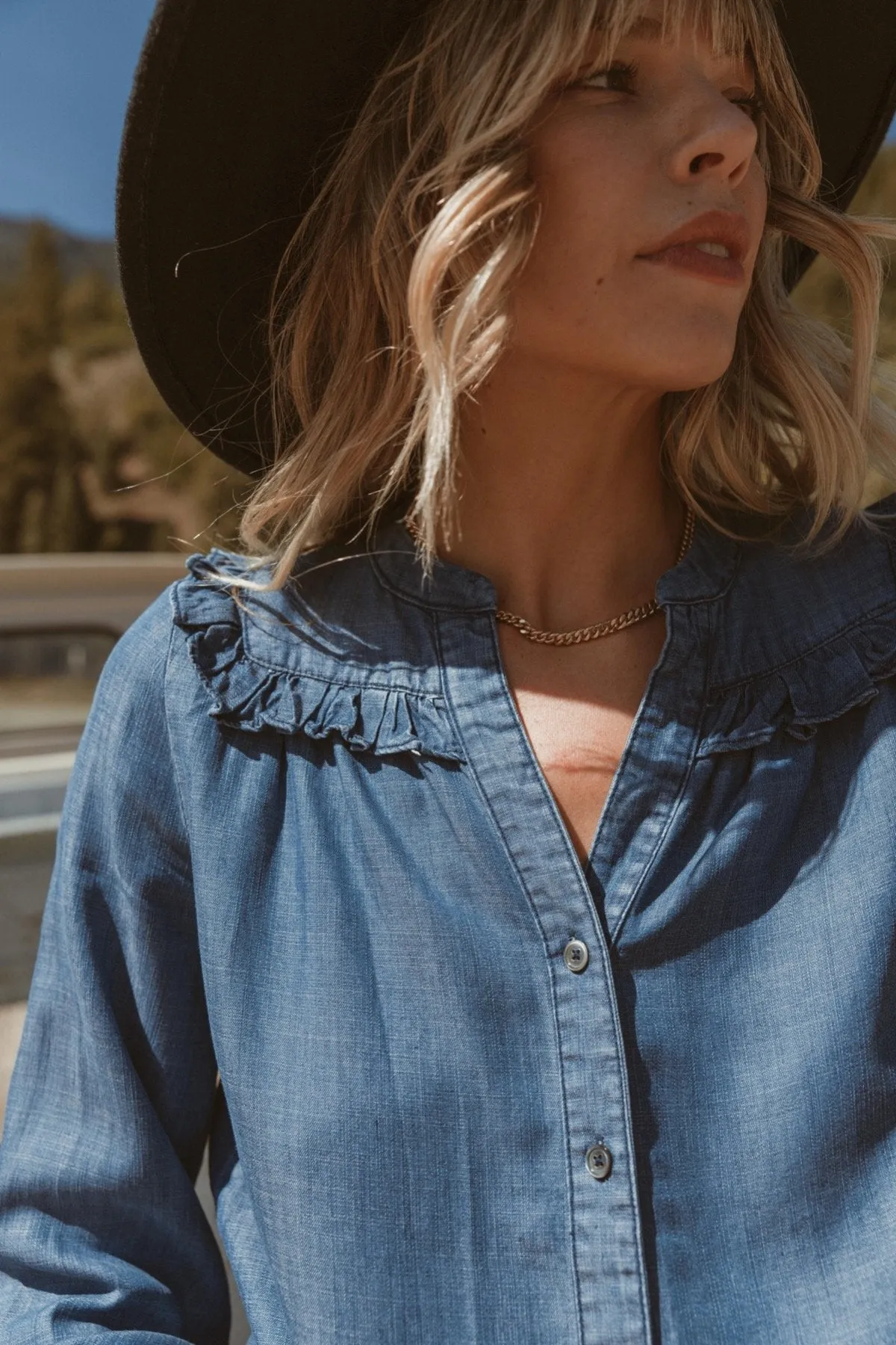 Chambray Button Down Ruffle Blouse