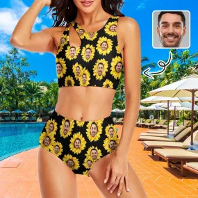 Custom Face Sunflower Cutout Top High Waisted Bikini Personalized Women's Two Piece Swimsuit Beach Outfits