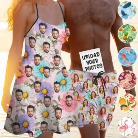 Custom Funny Face Couple Matching Beachwear Personalized Suspenders Beach Dress&Swim Shorts