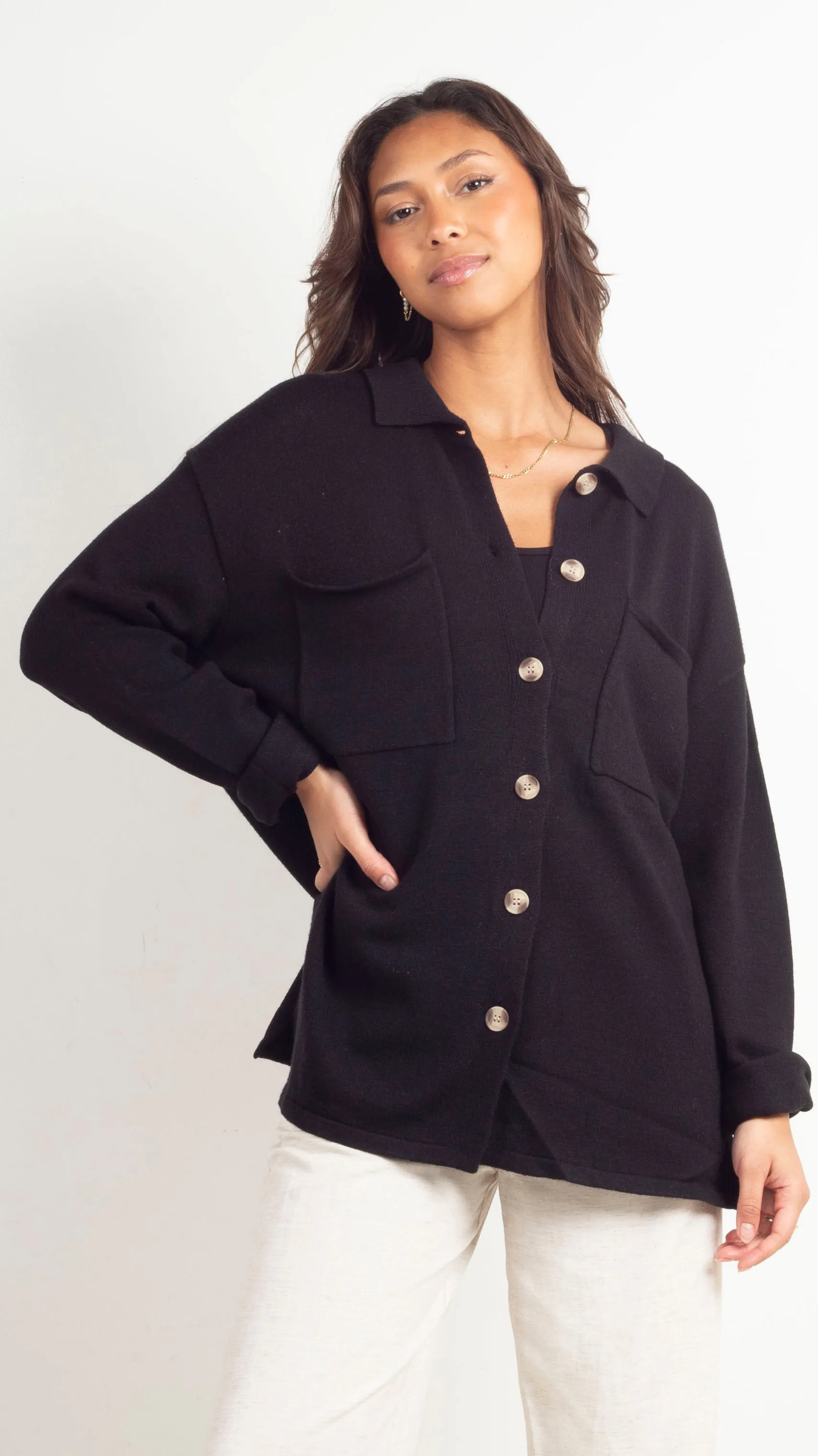 Elea Button Down Cardi - Black