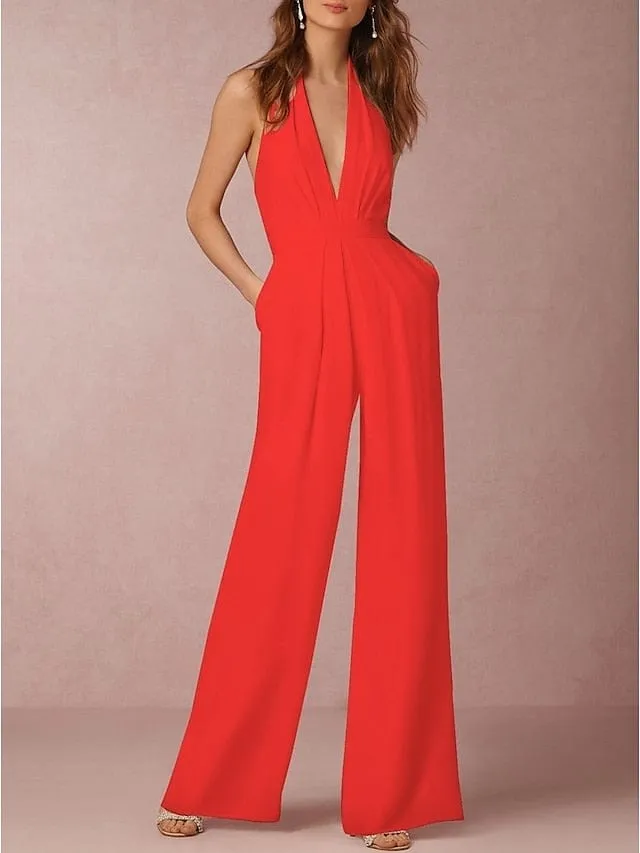 Elegant Halter Neck Wide Leg Jumpsuit with Backless Zipper