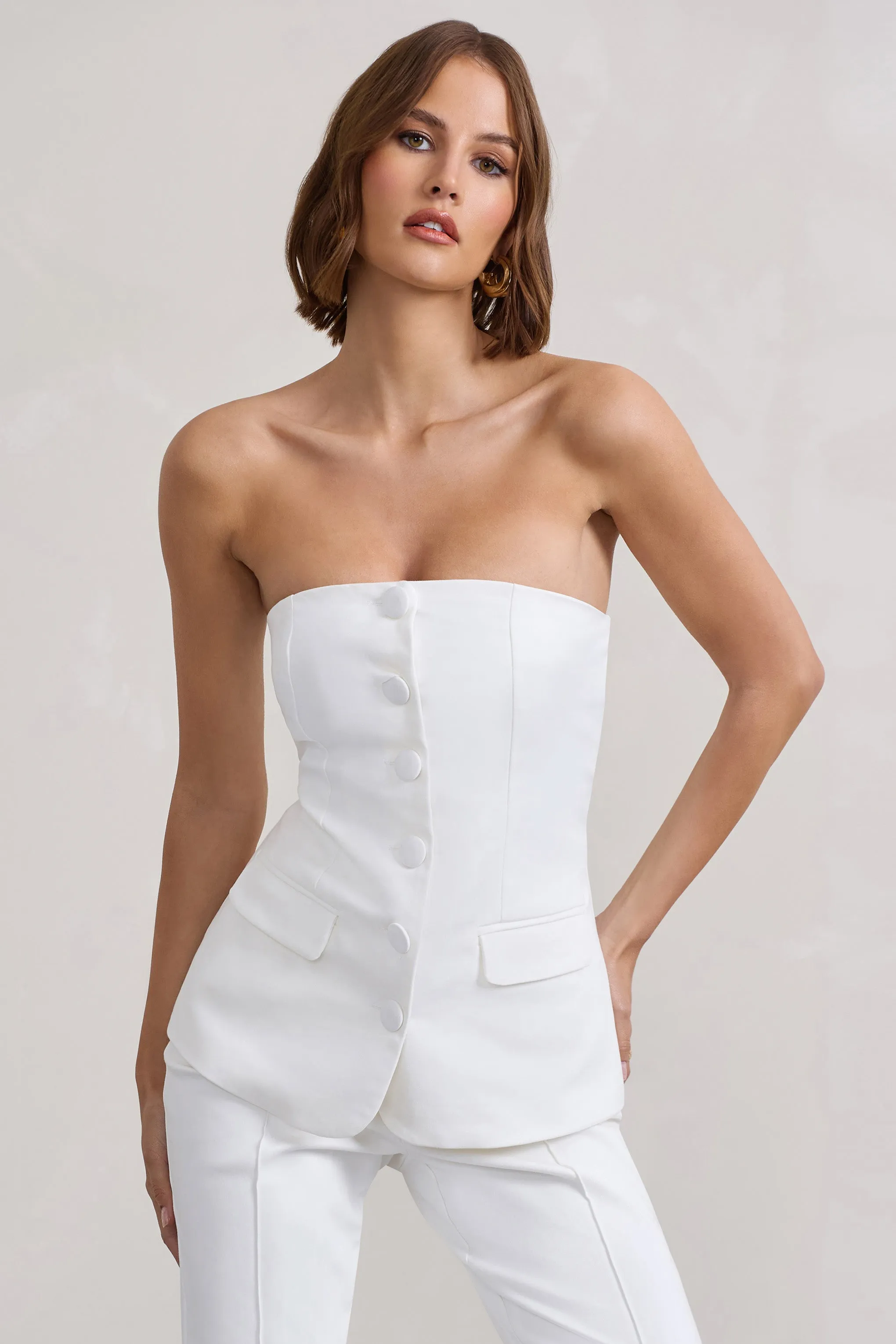 Elliana | White Strapless Button Front Tailored Top