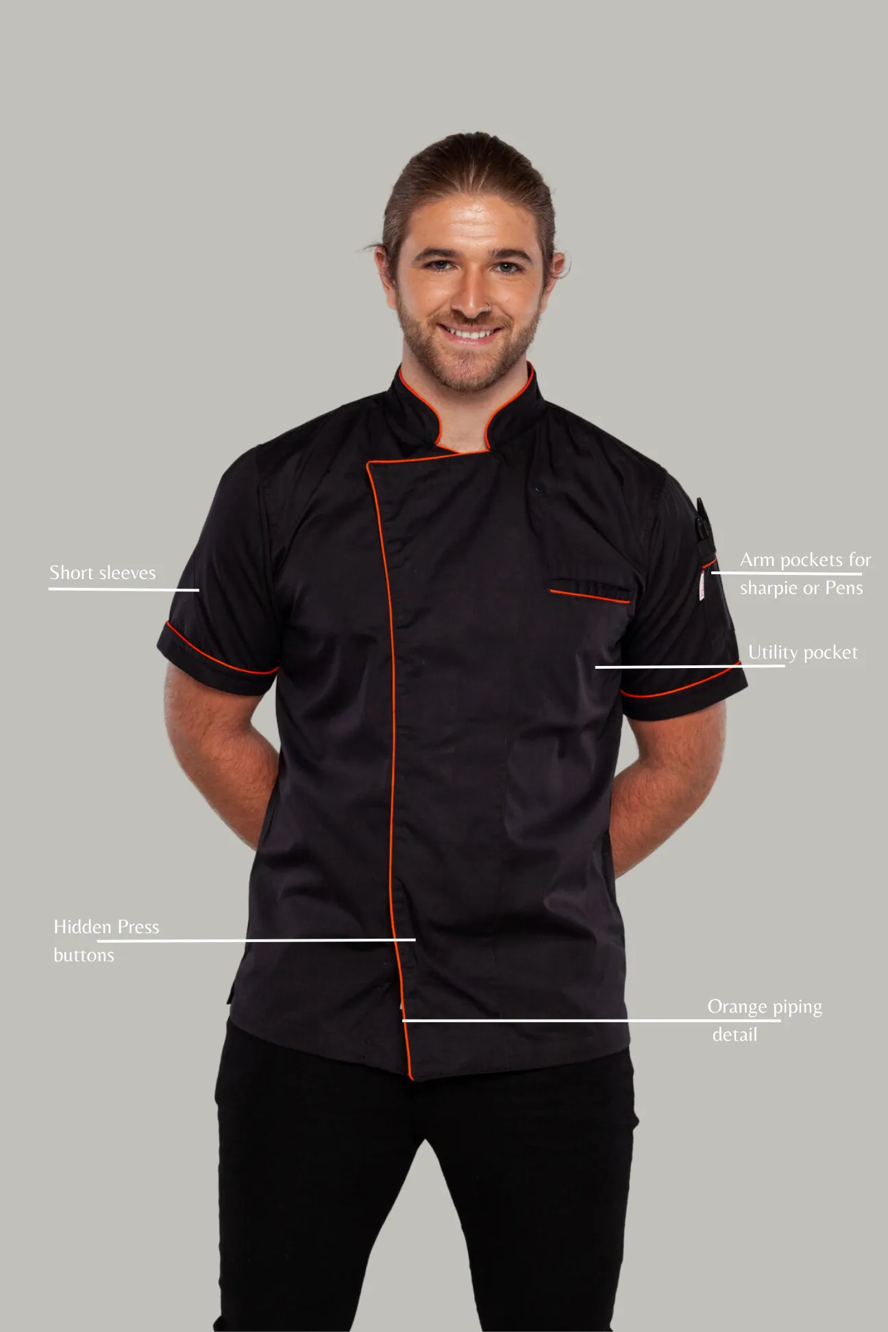 Gazi Chef jacket Black with Orange Trim and Coolvent