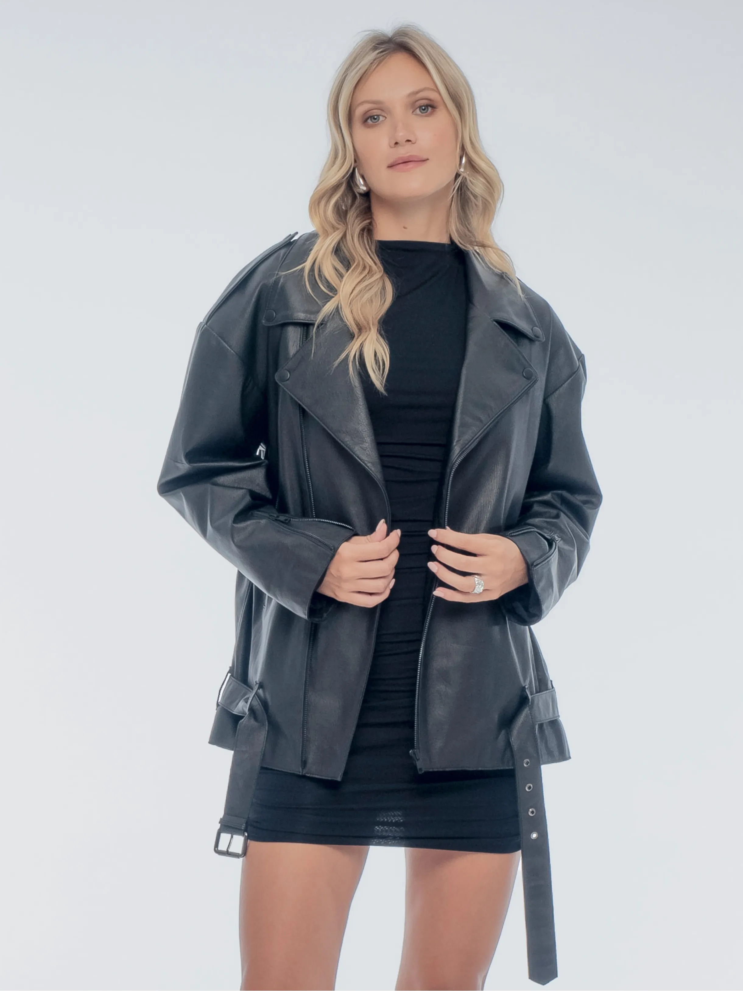 GINGER LEATHER BIKER JACKET - BLACK PEBBLE