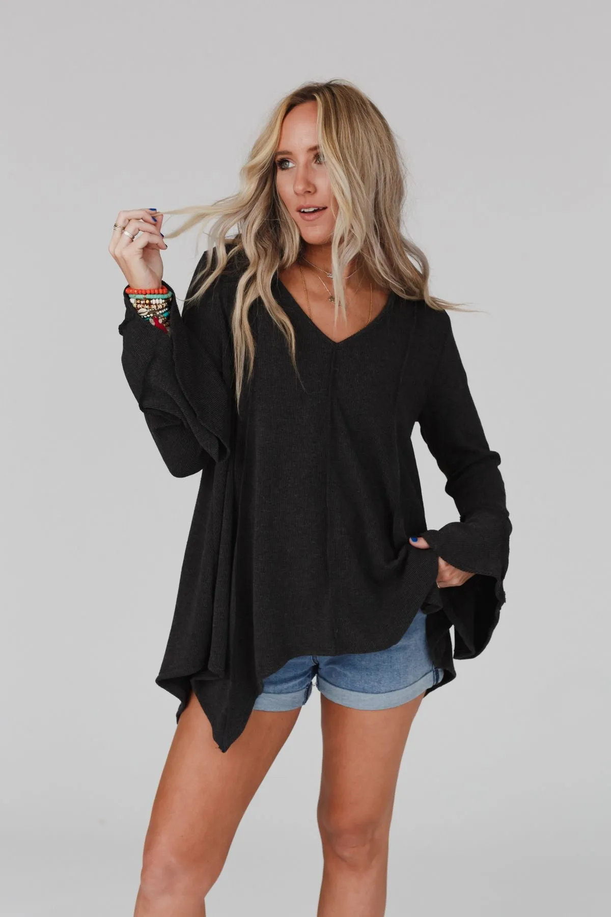 Golden Hour Long Bell Sleeve Top - Charcoal