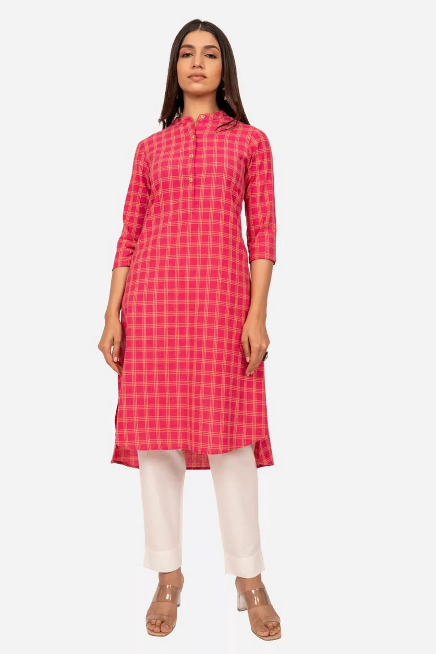 High Low Checked Cotton Kurta