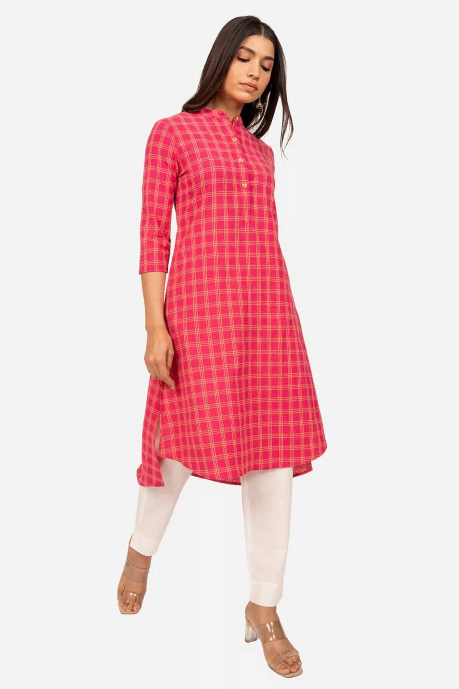 High Low Checked Cotton Kurta