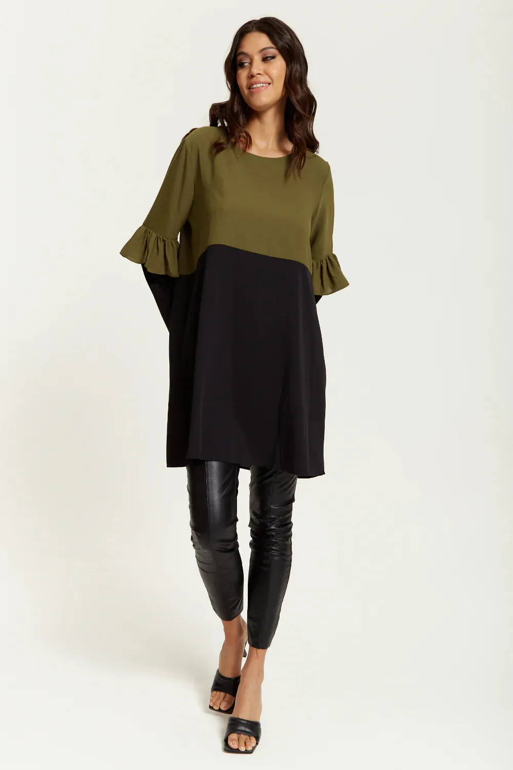 Hoxton Gal Colour Block Satin Tunic With Frill Detail Sleeve