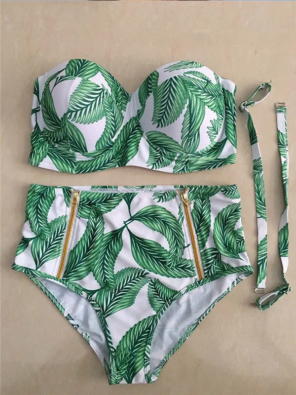 Leaf Printed Side Zipper Two Piece Swimsuit