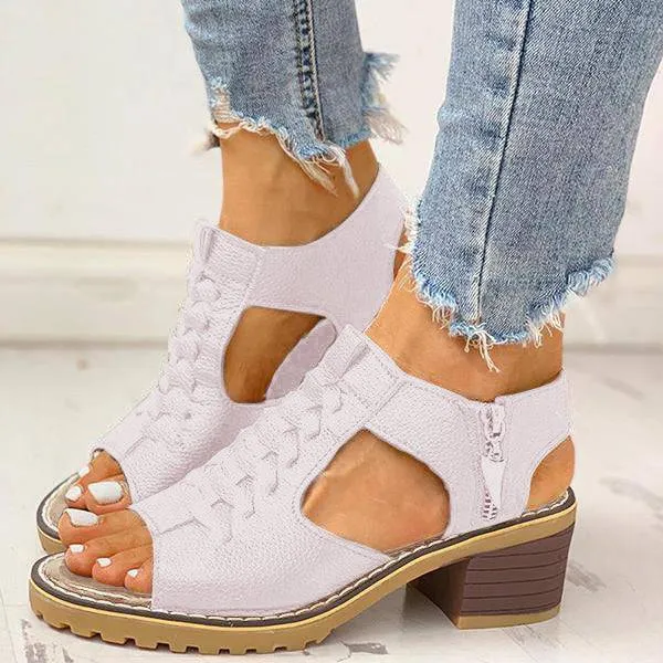 Libiyi Peep Toe Cutout Zipper Chunky Heeled Sandals -UK