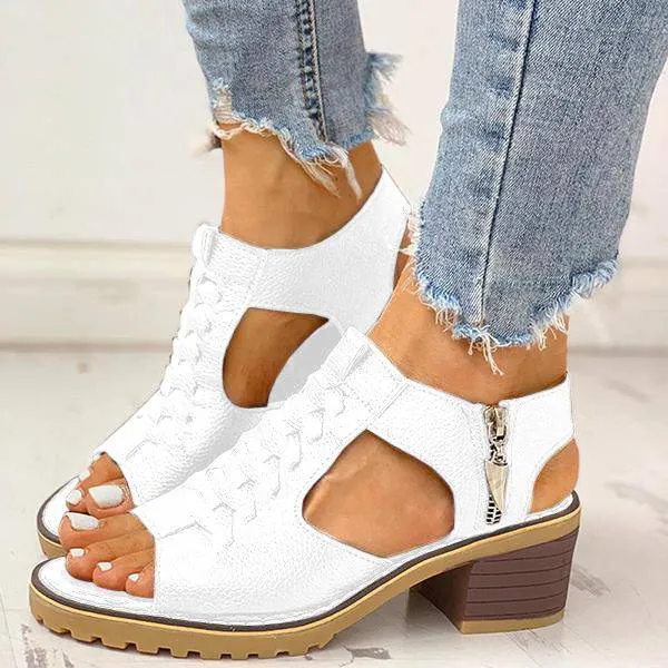 Libiyi Peep Toe Cutout Zipper Chunky Heeled Sandals -UK