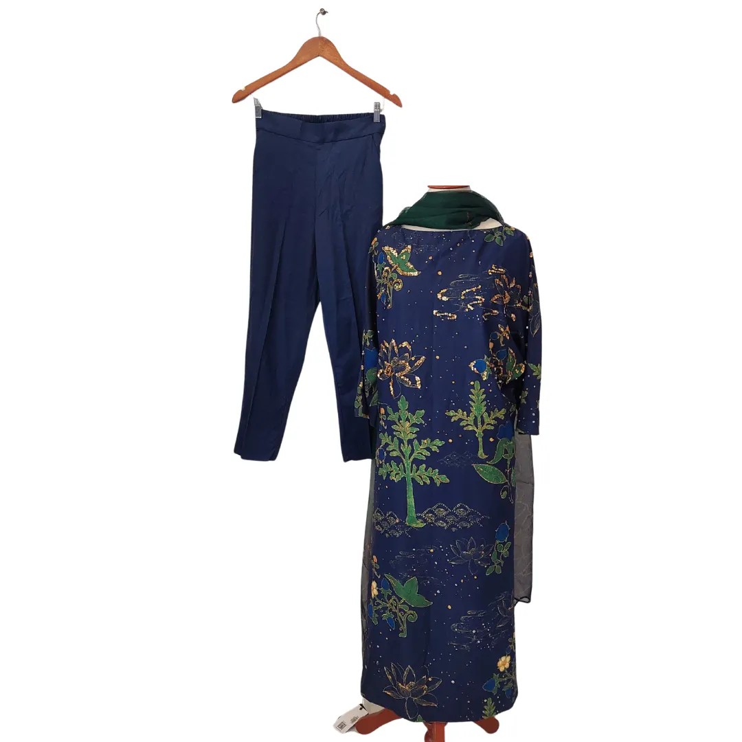 Lulusar Navy Silk Embellished Outfit (3 Pieces) | Brand New |