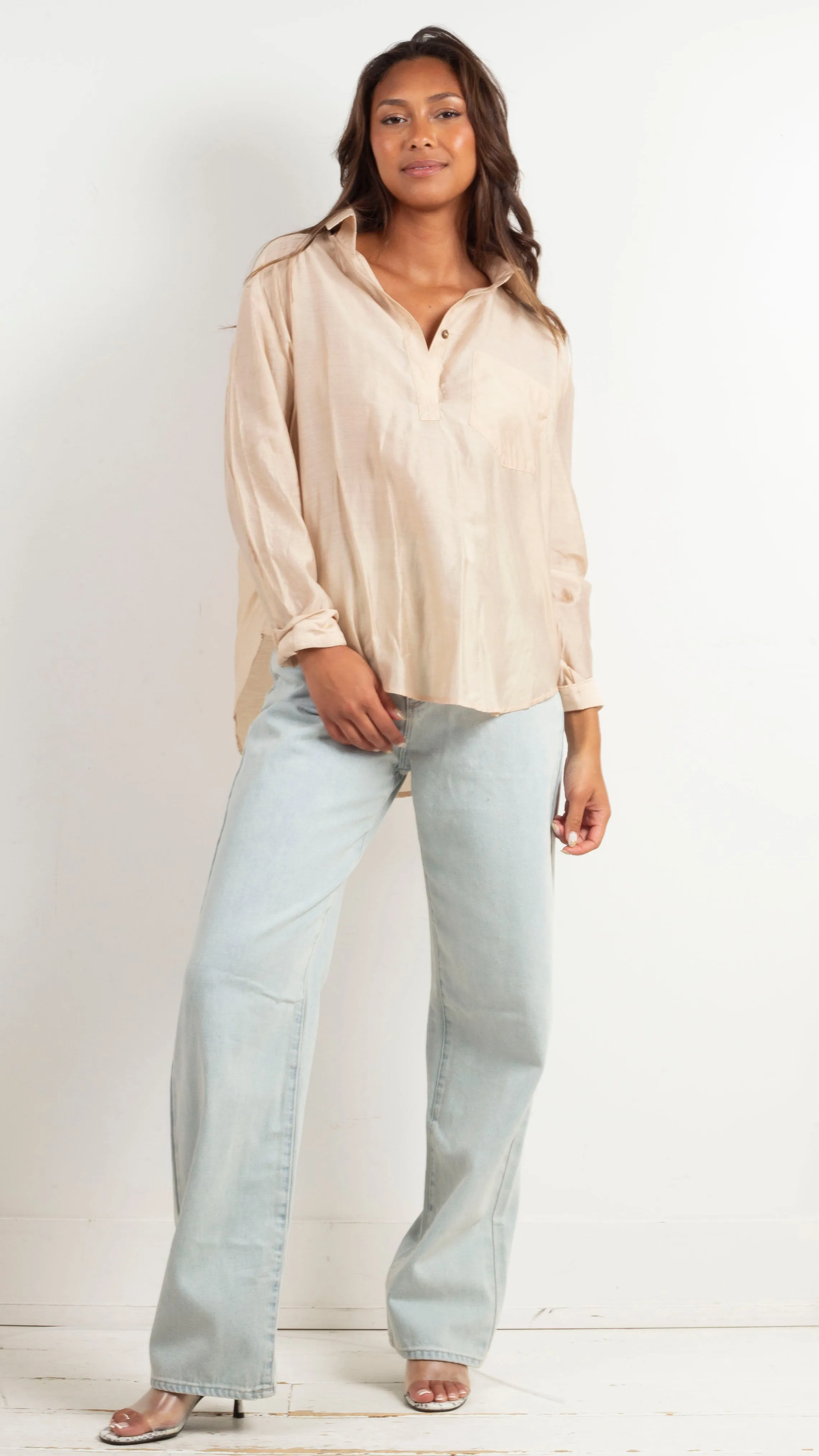 Pria Half Button Down - Beige