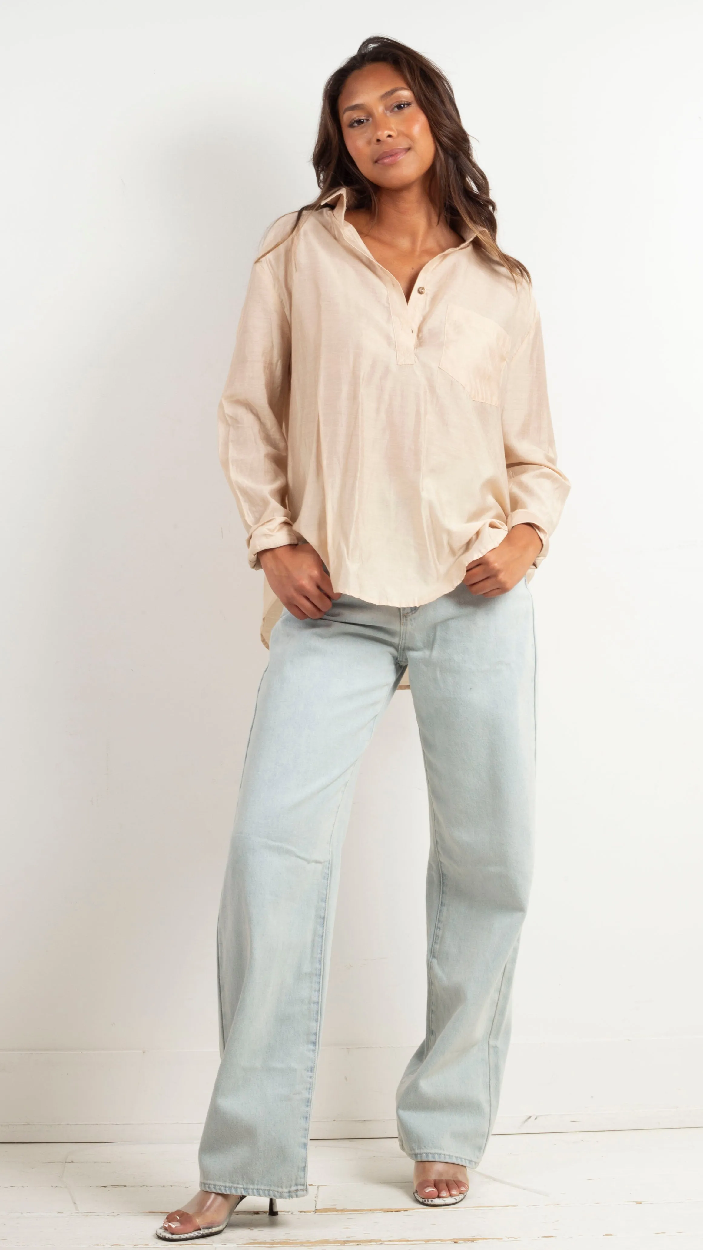 Pria Half Button Down - Beige