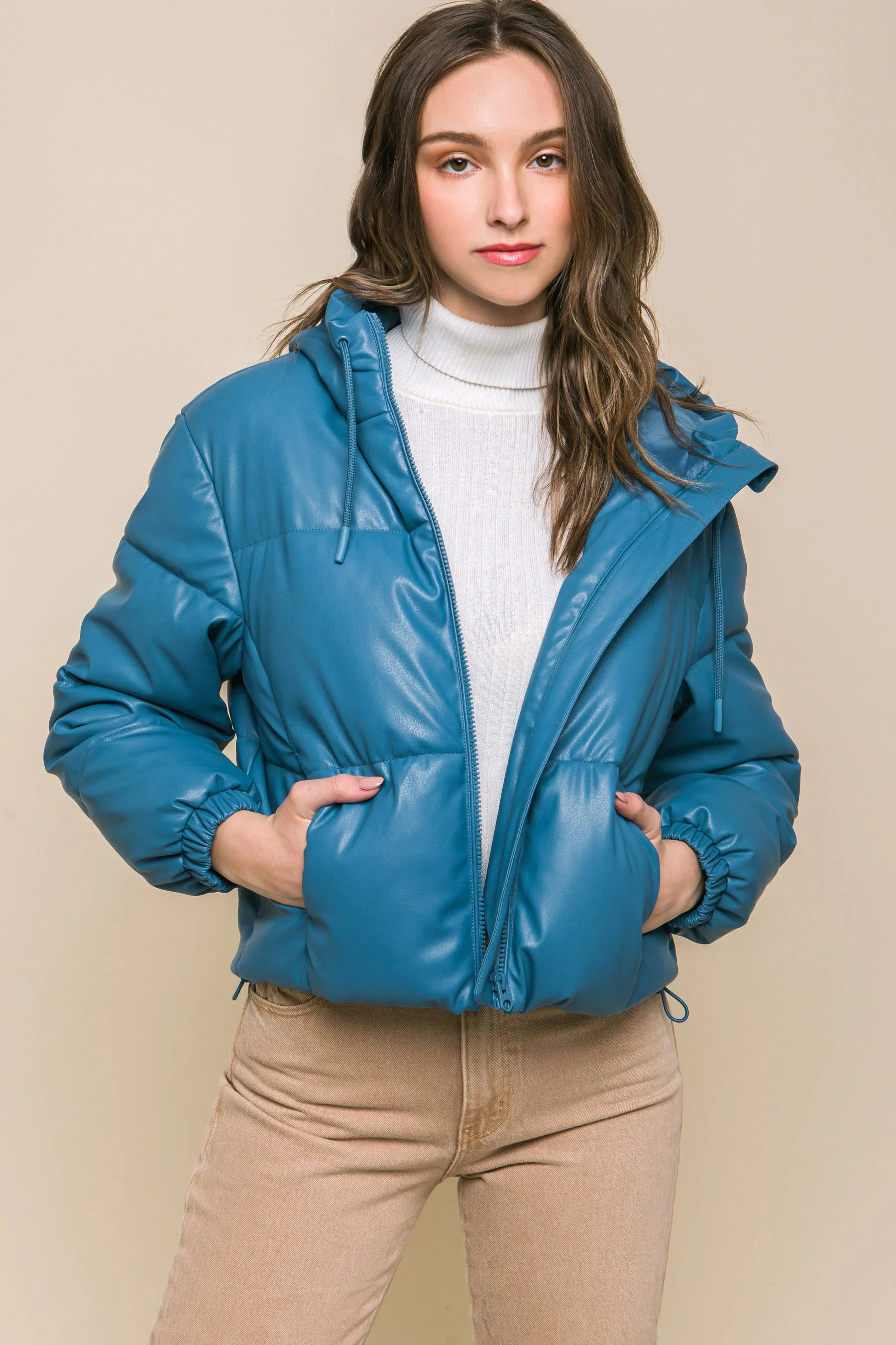 Pu Faux Leather Zipper Hooded Puffer Jacket