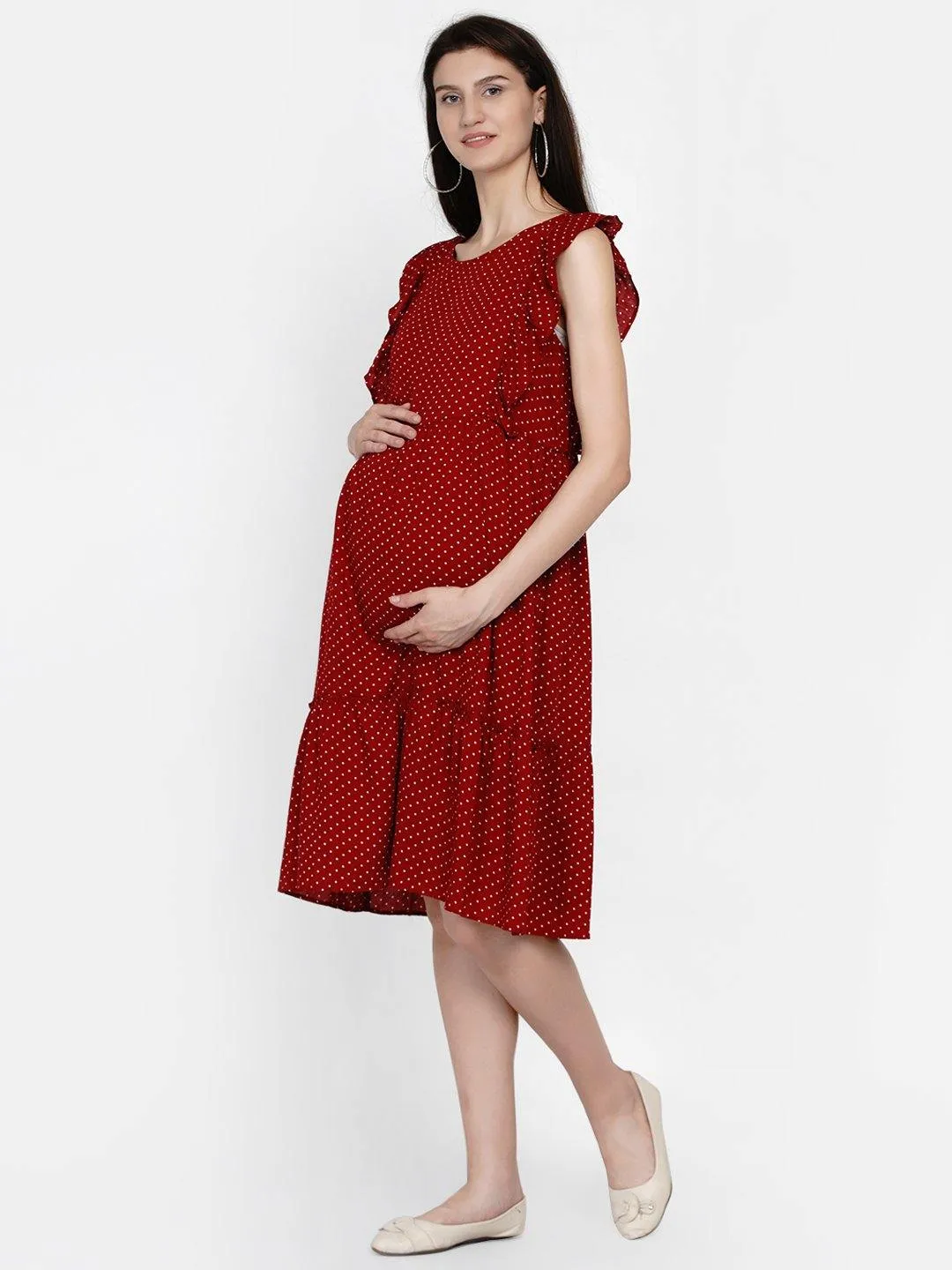 Red Polka Print Maternity and Nursing Midi Dress