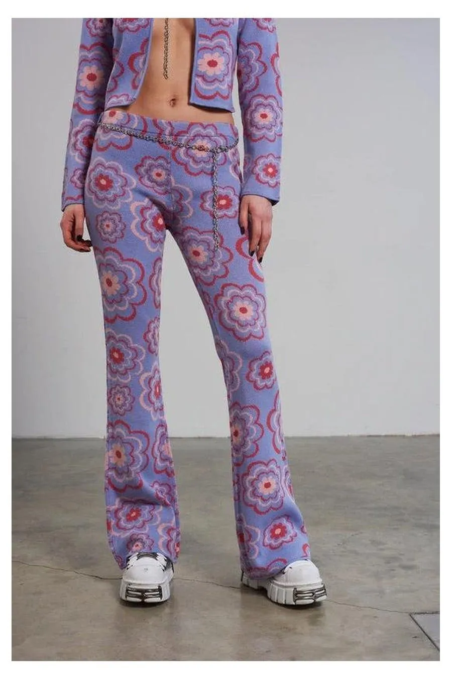 The Ragged Priest Power Floral Knit Flare Trousers