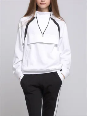 V-neck Zipper Design White Hooded Sweatshirt