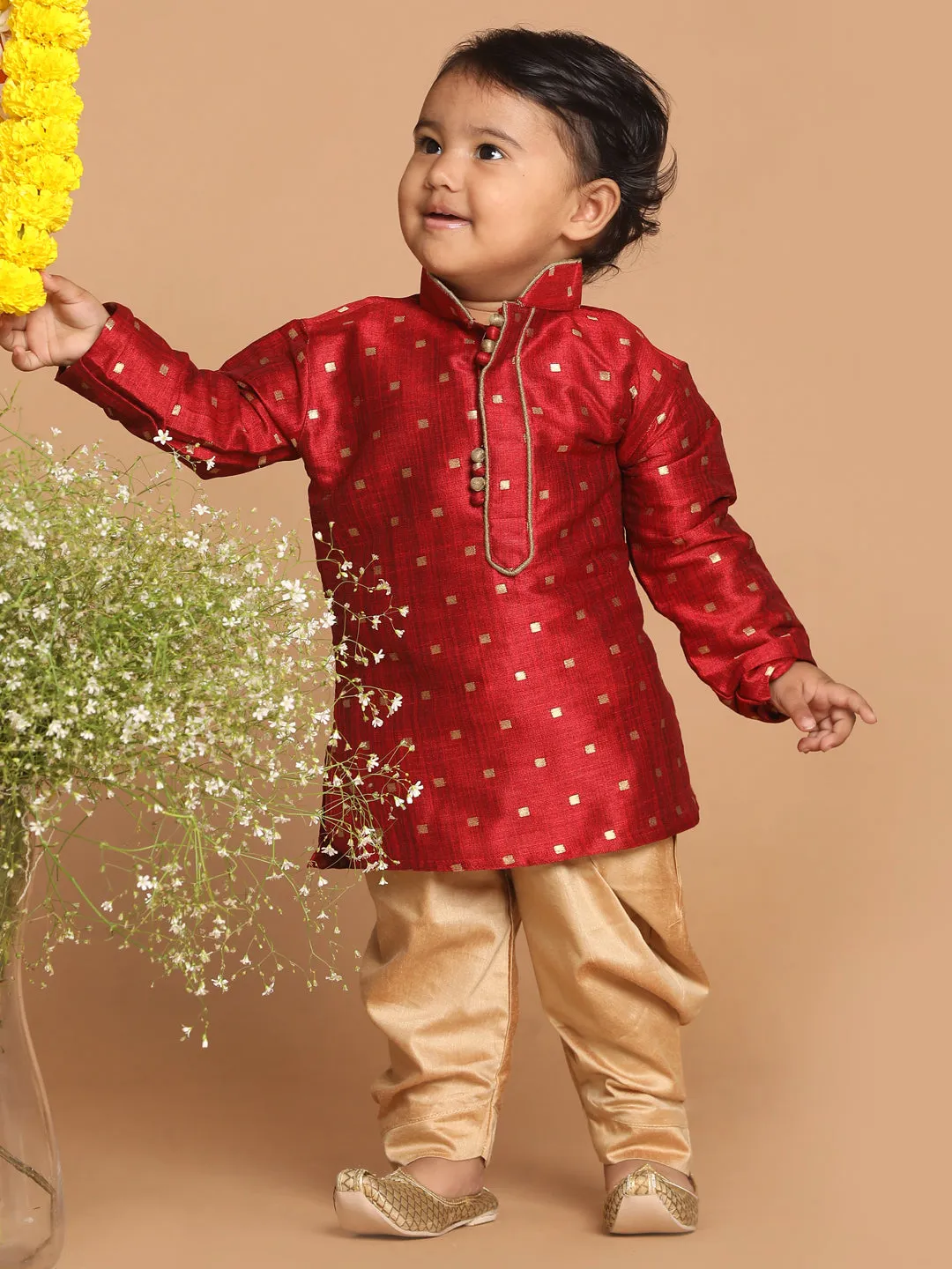 VASTRAMAY Boy's Maroon Kurta with Dhoti Pant Set