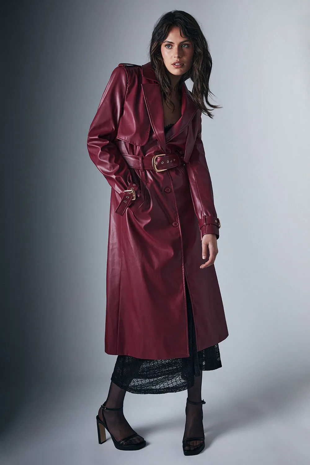 Vegan Leather Trench Coat - Burgundy