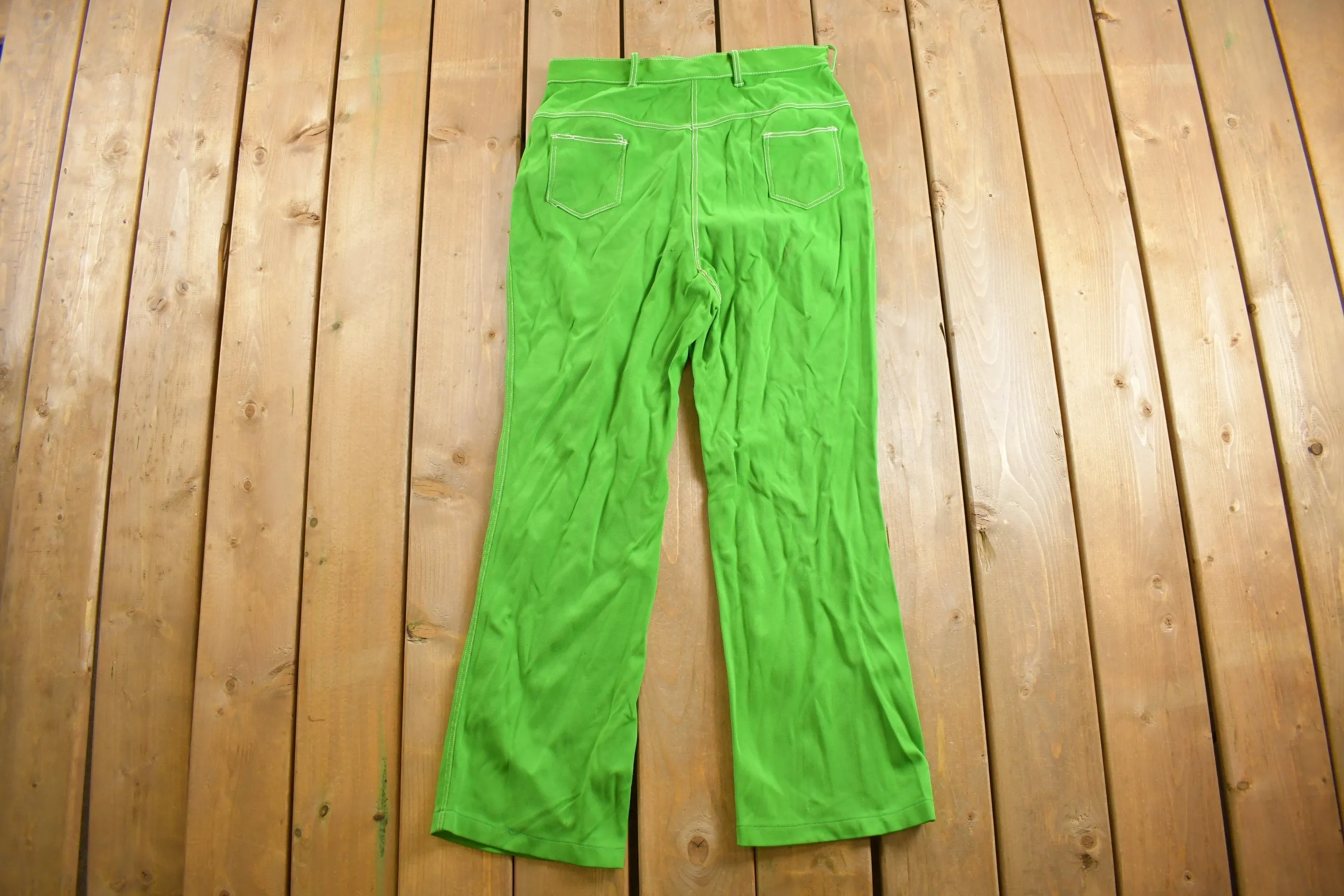 Vintage 1970s Neon Green Flared Trousers Size 32 x 29 / 70s Pants / Contrast Stitching / True Vintage Sears / Slacks / Polyester Trousers