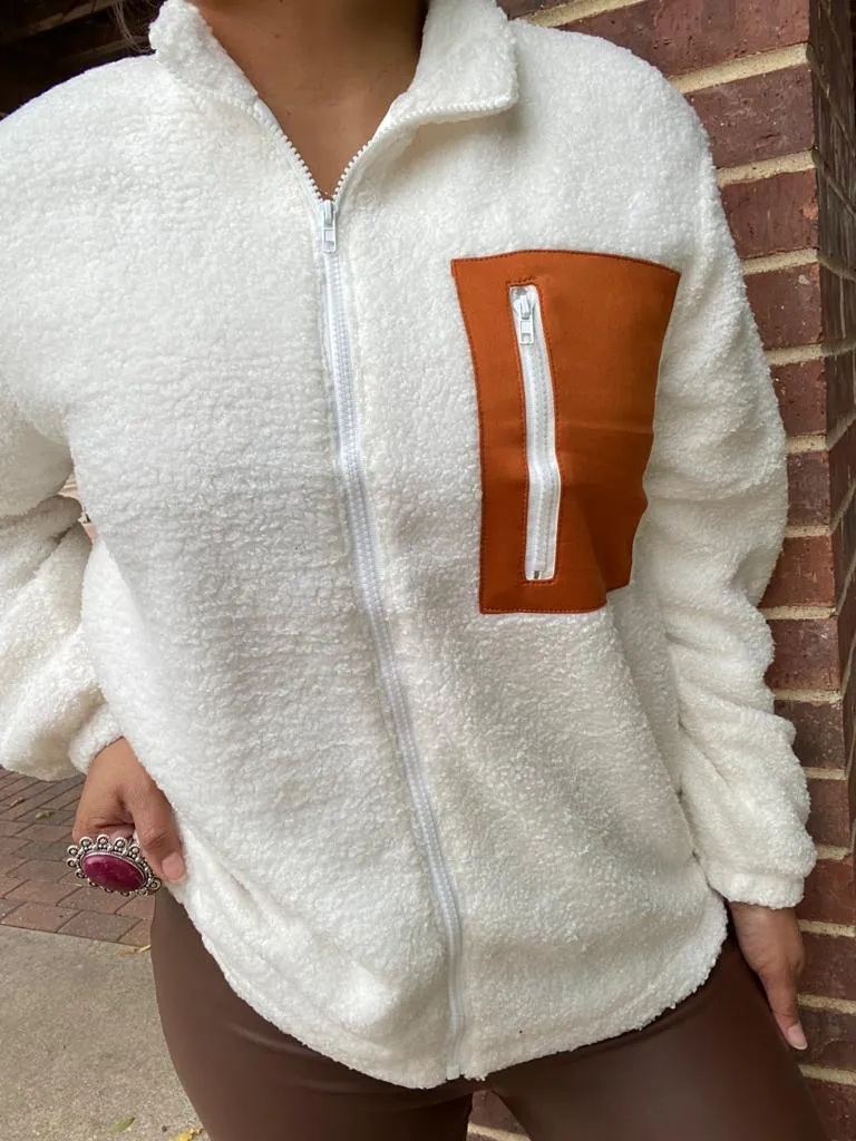 WHITE SHERPA WITH RUST POCKET